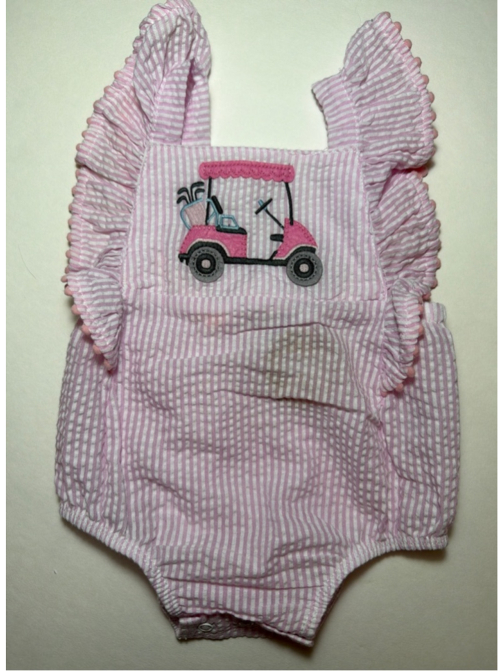 Girls Mud Pie Seersucker Bubble Romper Pink Golf Detail 3-6 Months NWT